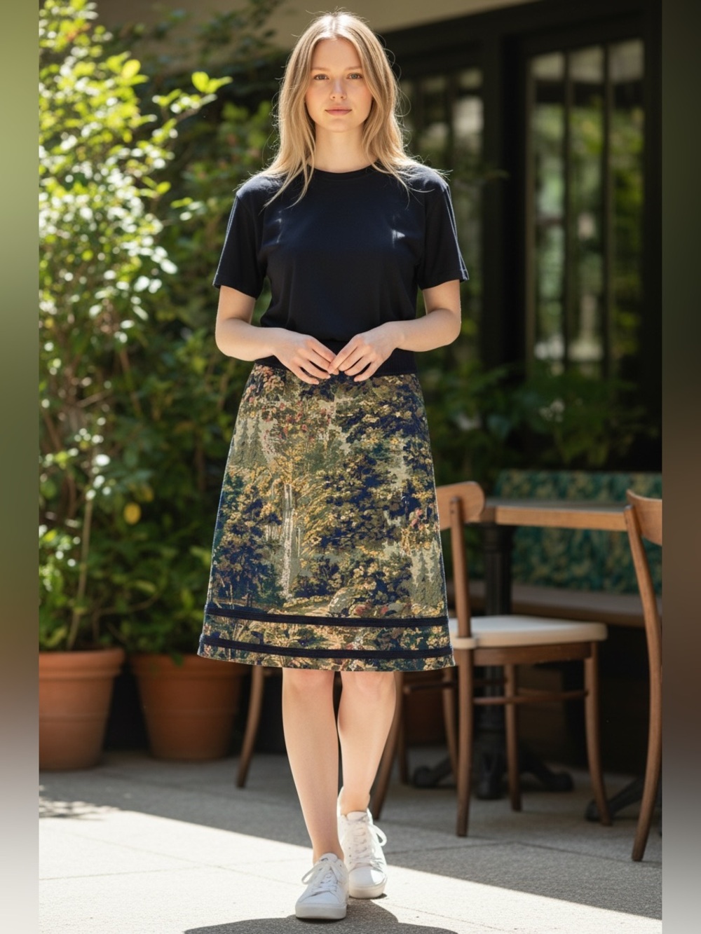 Anthropologie Maeve Navy and Green Forest-Print Pencil Skirt
